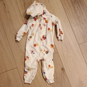 Carter's Cream Hooded Fleece Floral One-Piece with Red, Yellow & Blue Flowers